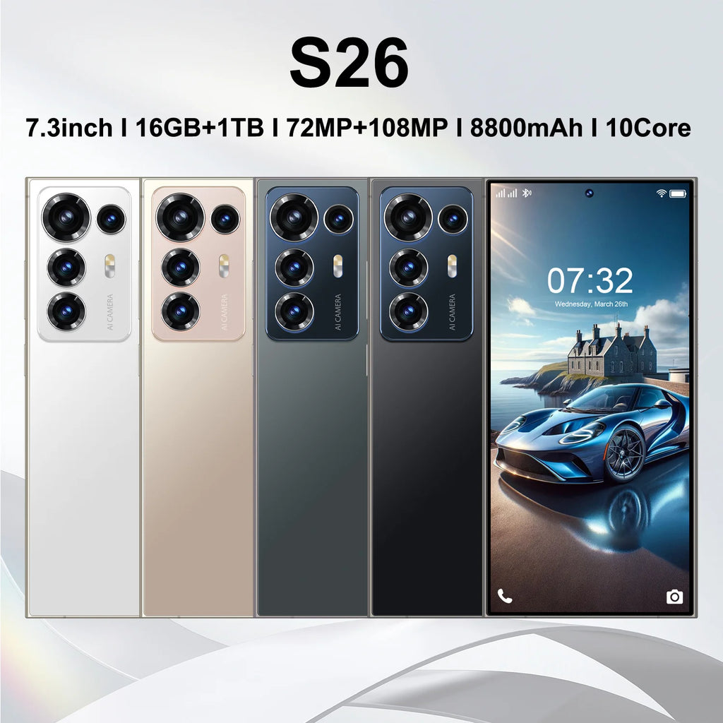 Wholesale S26 Ultra smartphone featuring 108MP camera and long battery life in unlocked 2026 trending design