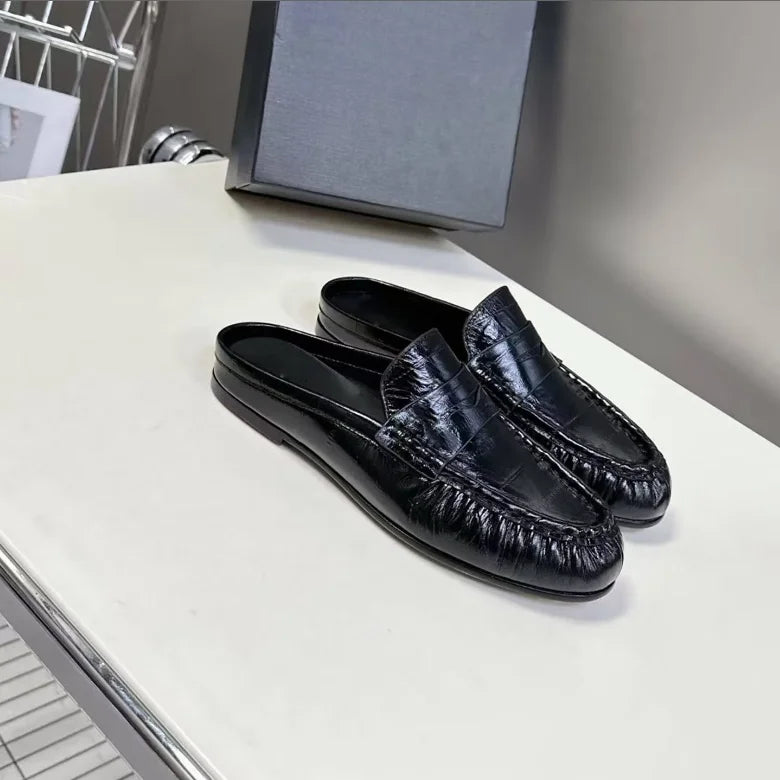 Women's Genuine Leather Loafers Ruched Backless Mules Comfortable Flat Slip-ons Soft Casual Walking Shoes Spring Slides