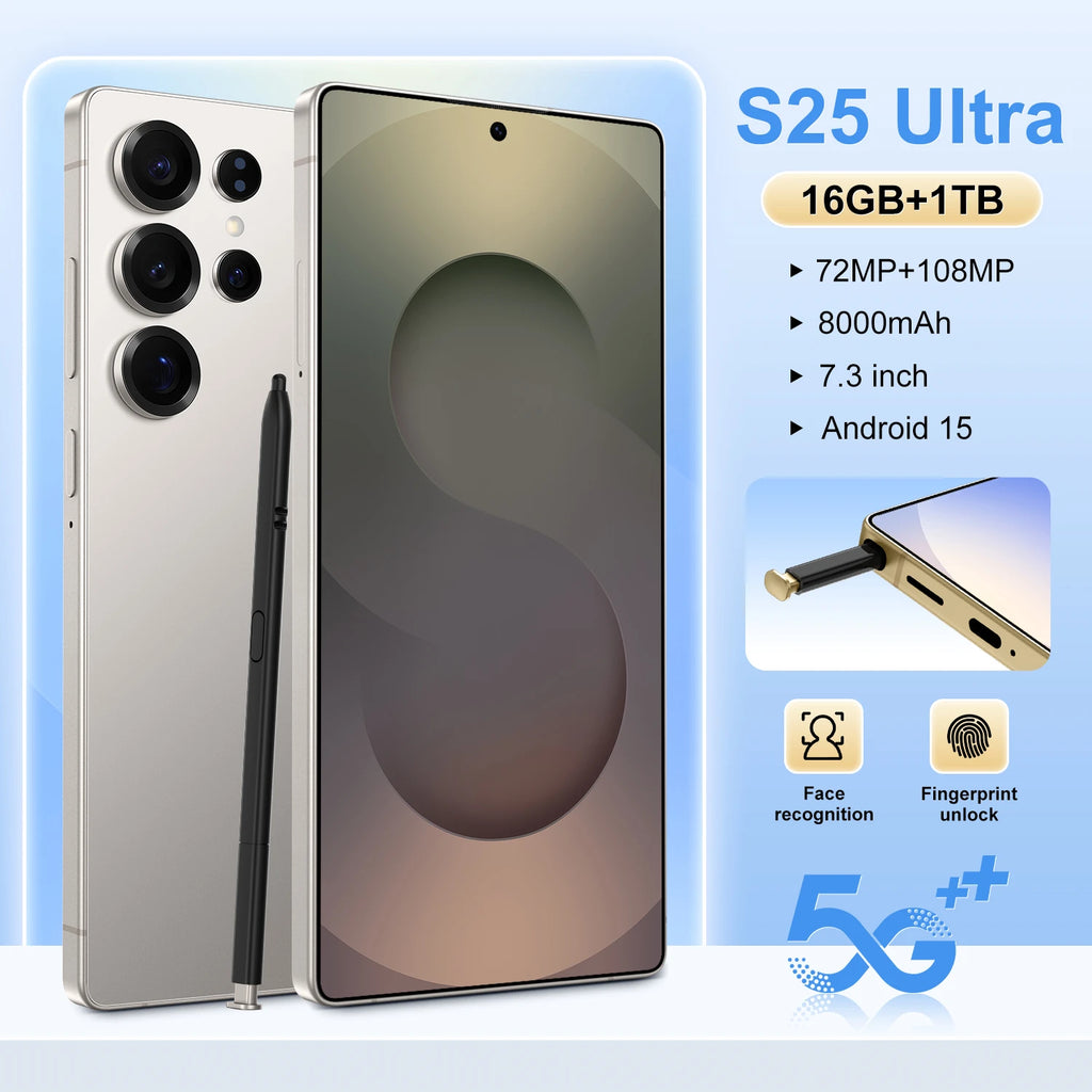 2025 S25Ultra 5G Android 15 smartphone with 108MP camera and 7000mAh battery, side view showing QHD display