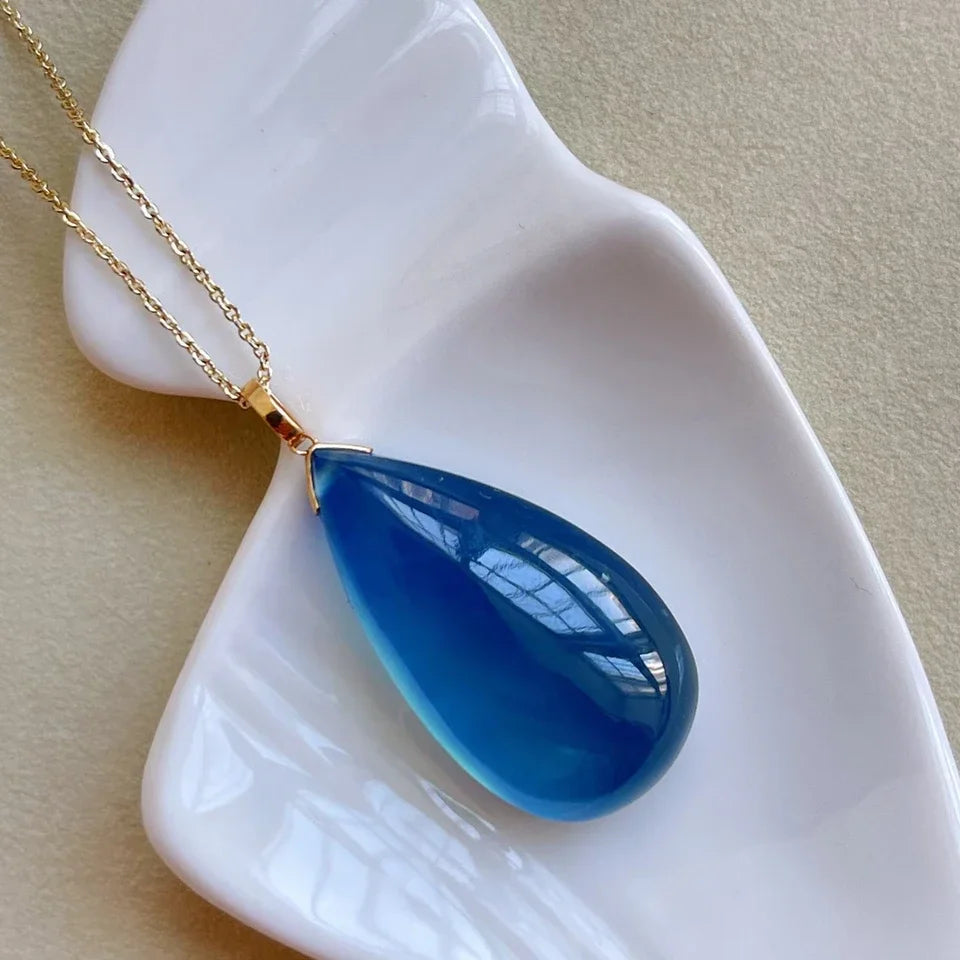 Natural Blue Aquamarine Pendant for Women Men 30mm Crystal 18K Gold Brazil Water Drop Healing Crystal Gemstone Silver Chains