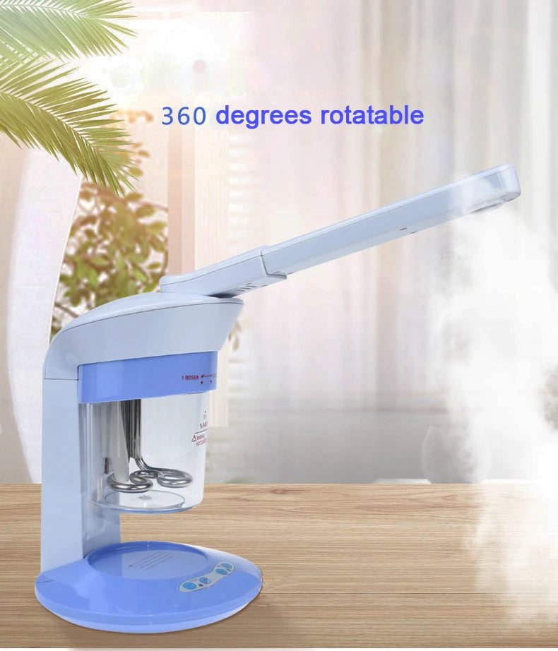 White and blue professional facial thermal steamer with 360-degree rotatable arm emitting nano mist for skin care.