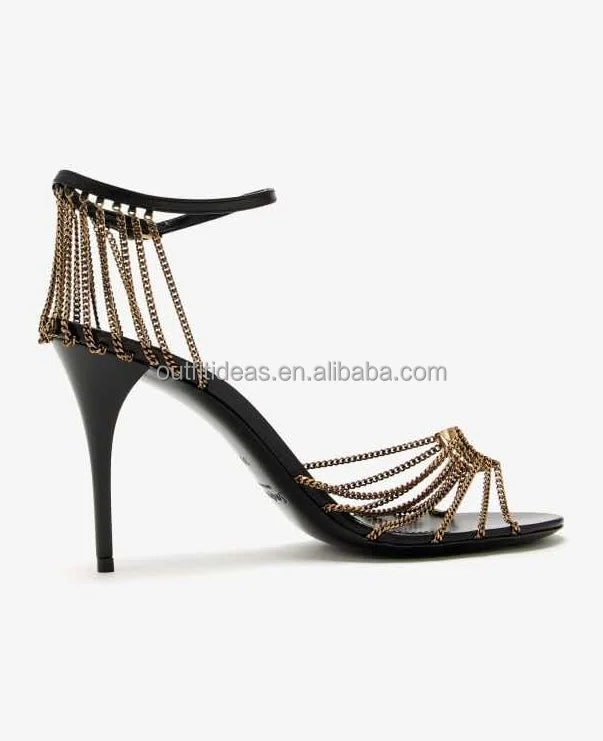 Lambskin Metal Design Black Party Sandal Top Quality 3.5 Inches Heels Ankle Chain Straps Pumps Women Leather Babylone Sandals