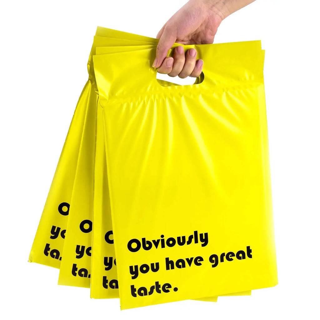 Yellow poly mailer with handle, black slogan print on front