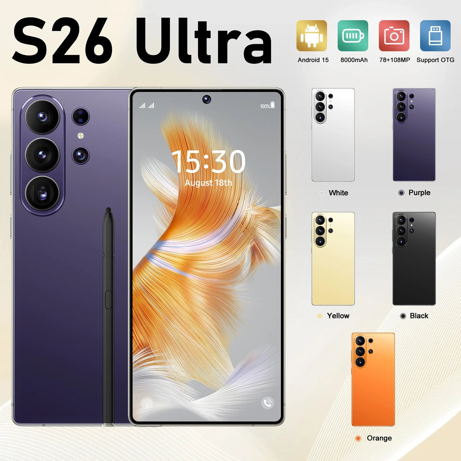 S26 Ultra Android 15 5G smartphone with 22GB RAM, 2TB storage, 144Hz display, and 108MP camera, gallery view 7