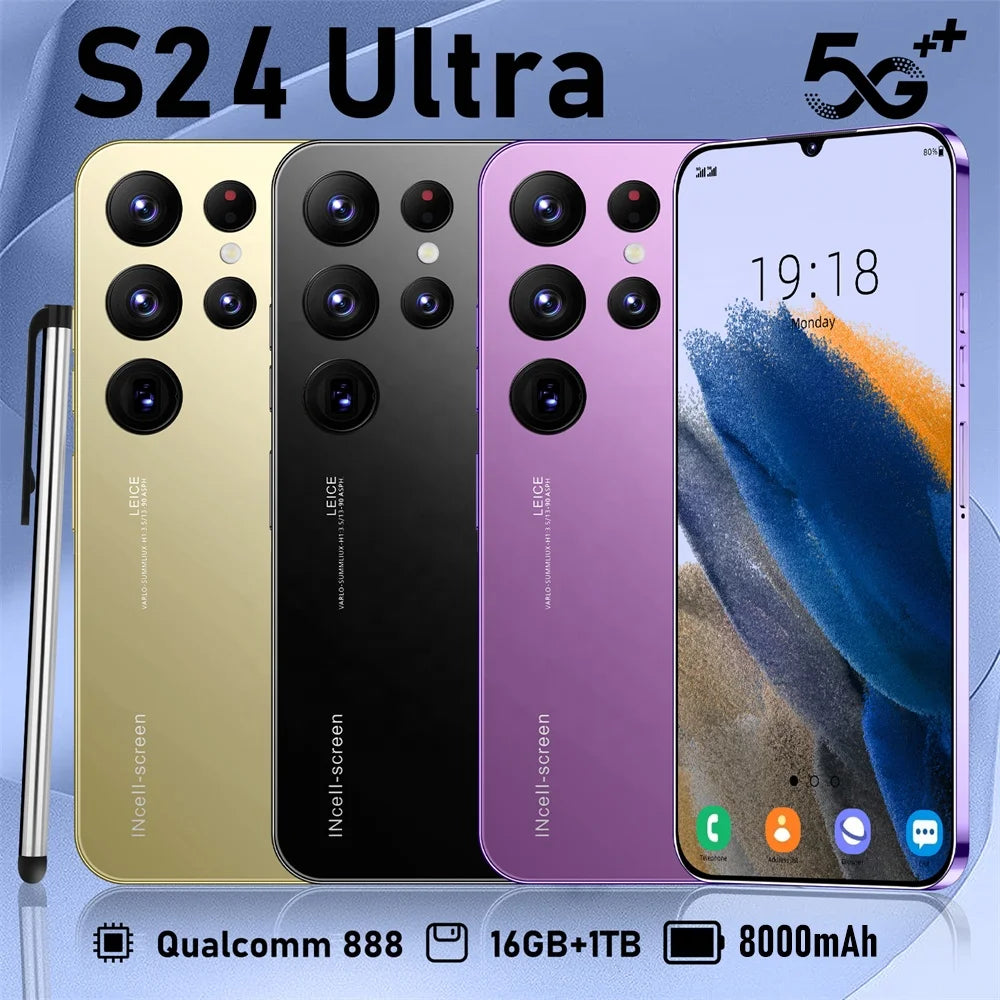 Tidesmit S24 Ultra 5G smartphone with 7.3 inch HD display, 16GB RAM, 1TB storage, and Android 13 unlocked mobile.
