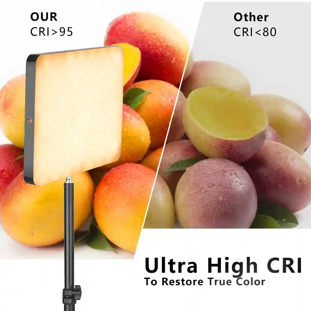 Square LED video light panel on a stand, comparing high color accuracy versus standard lighting on fresh fruit.