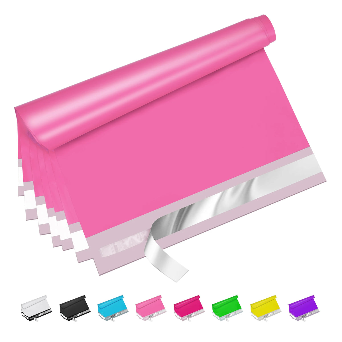 Light pink polyester mailer bag roll with assorted colored mailers at the bottom