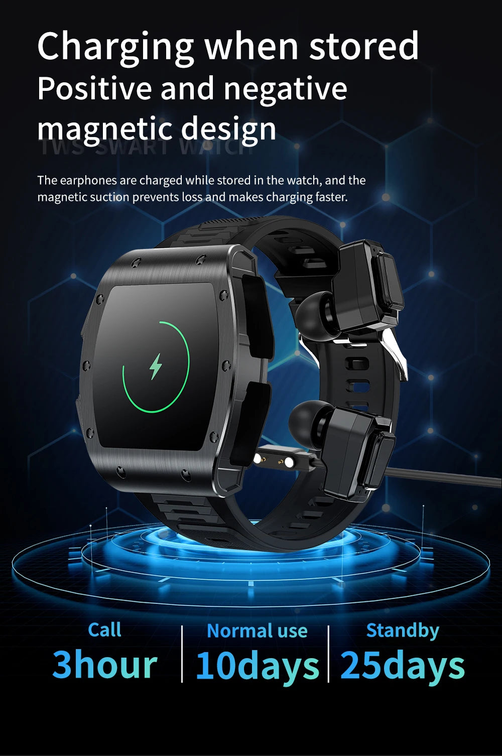 Jm09 2-in-1 TWS Smart Watch Wireless Earphones IP67 Waterproof Blood Oxygen Monitor Compass for Men's Sports Smartwatch Earbuds Tidesmit