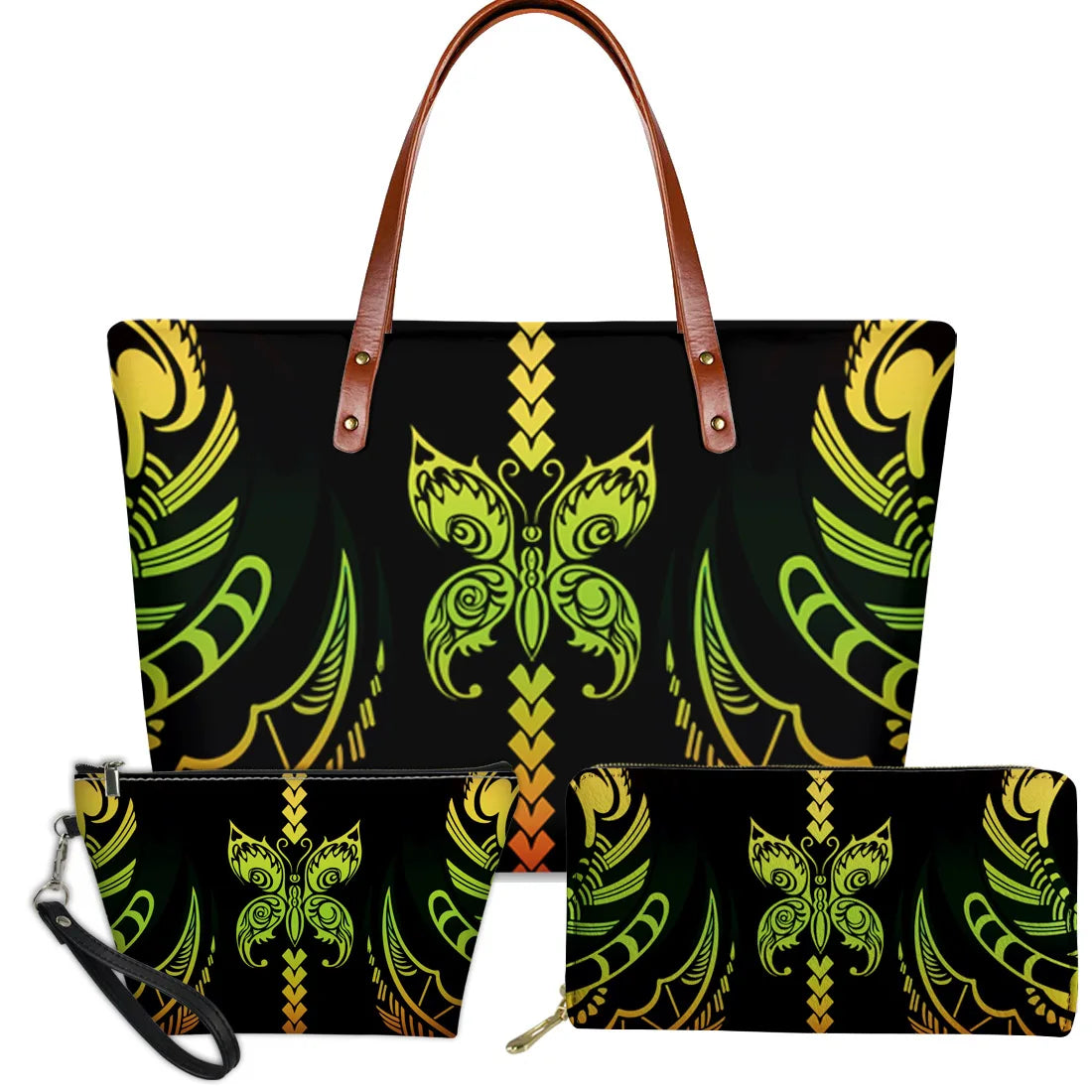 3-piece black handbag set with yellow and green Polynesian tribal butterfly prints and brown leather handles.