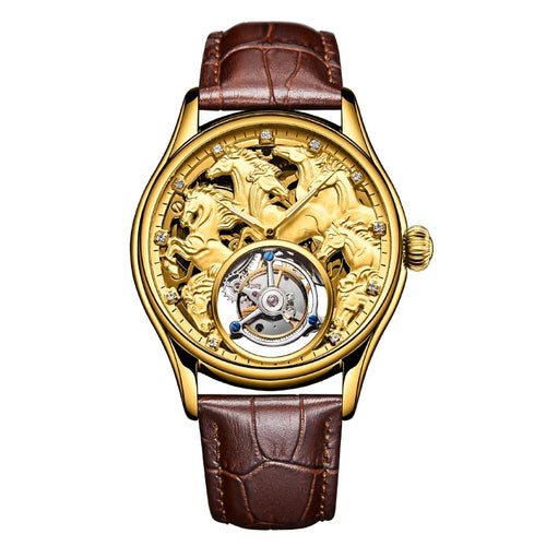 Classic 7007 gold tourbillon watch with horse dial detail, crystal markers, and brown leather strap. Luxury men's watch.