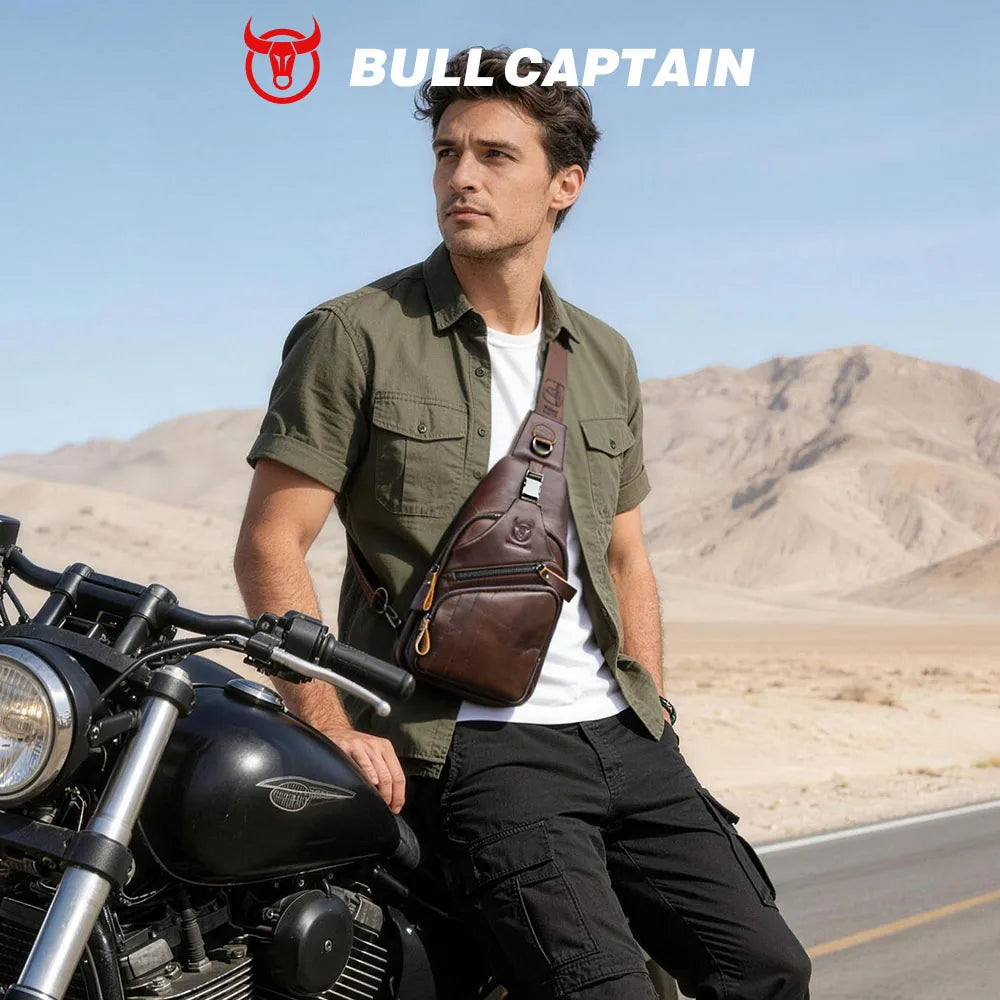 BULLCAPTAIN vintage brown genuine leather crossbody sling bag with multiple zip pockets for men.