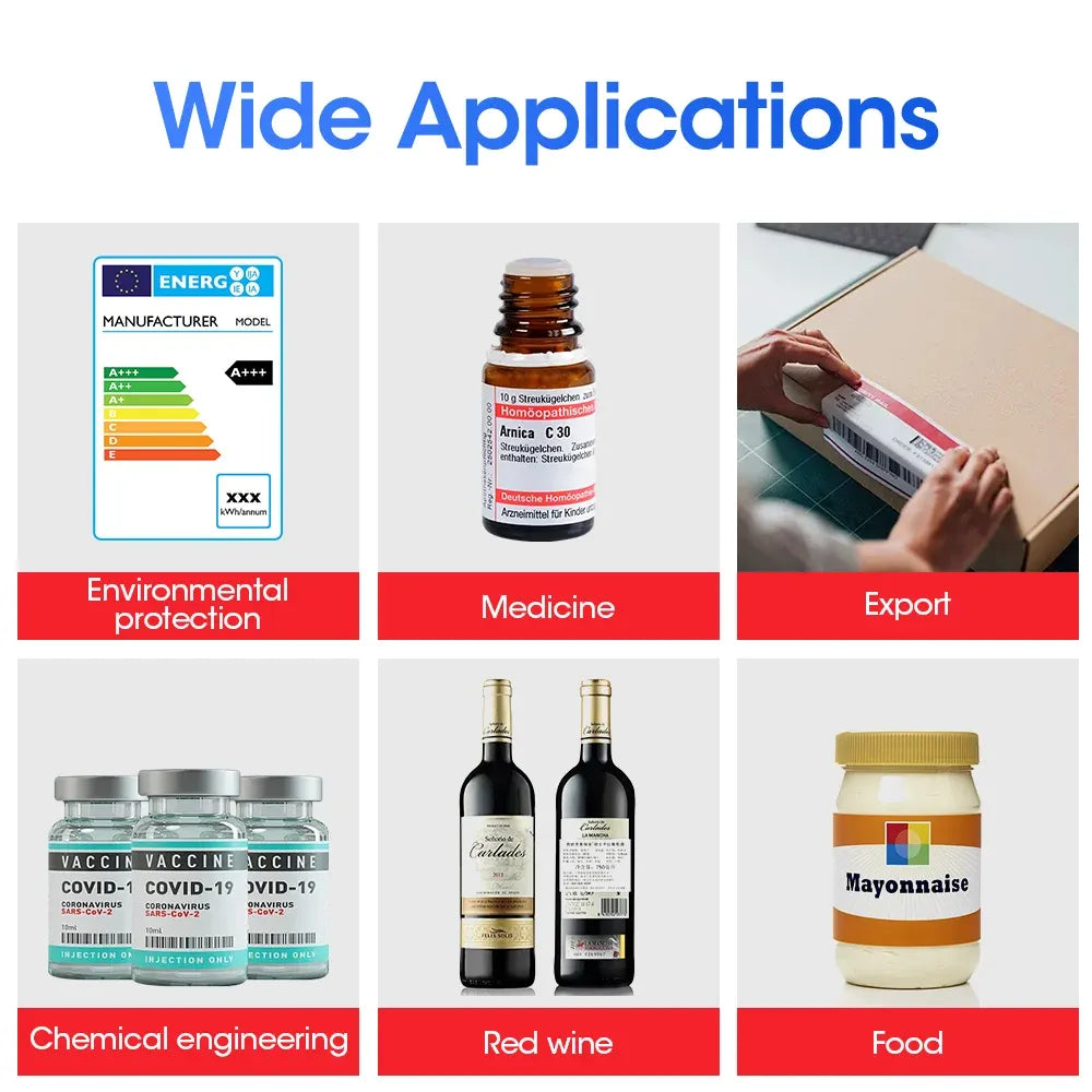 Self-adhesive label paper application sample panels with printed labels