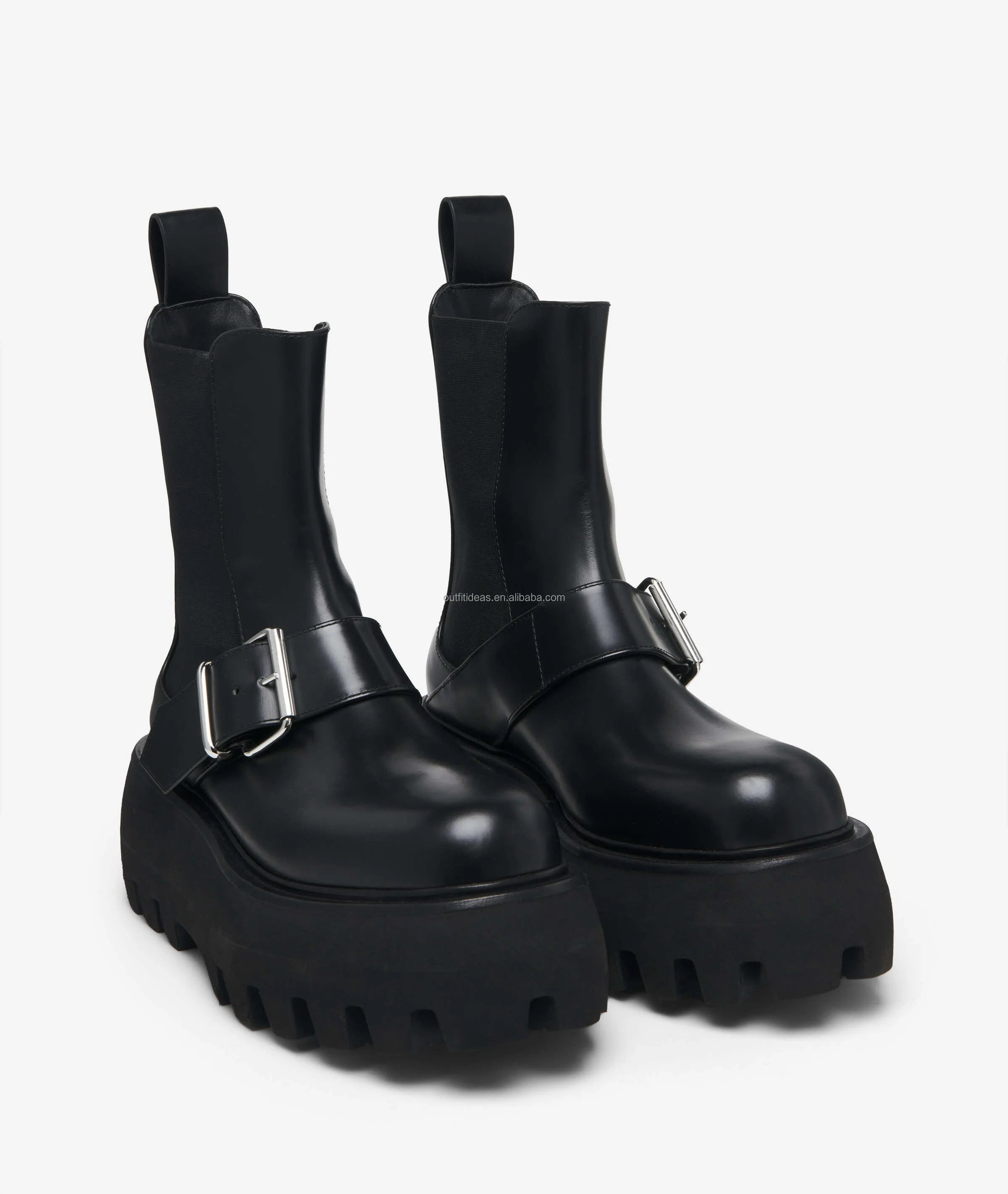 Round Toe Black Smooth Calf Leather Chunky Lug Sole Unisex Women Sofa Buckle Boot Men Dress Shoes Unisex Men Sofa Chelsea Boots