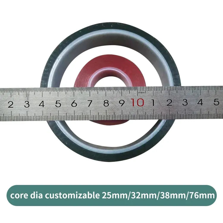 Green heat-resistant PET tape roll showing width measurement with ruler