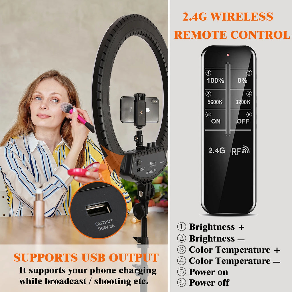 Black ring light with phone mount, USB charging port, and wireless remote control for lighting photography and video.