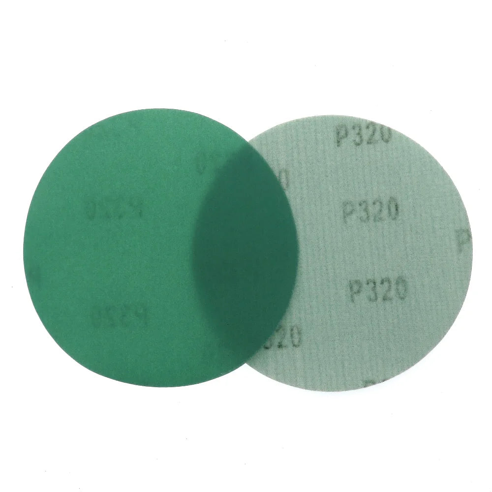 6-inch green PET film sanding discs for wet & dry car polishing and finishing. Durable hook and loop abrasive sandpaper.