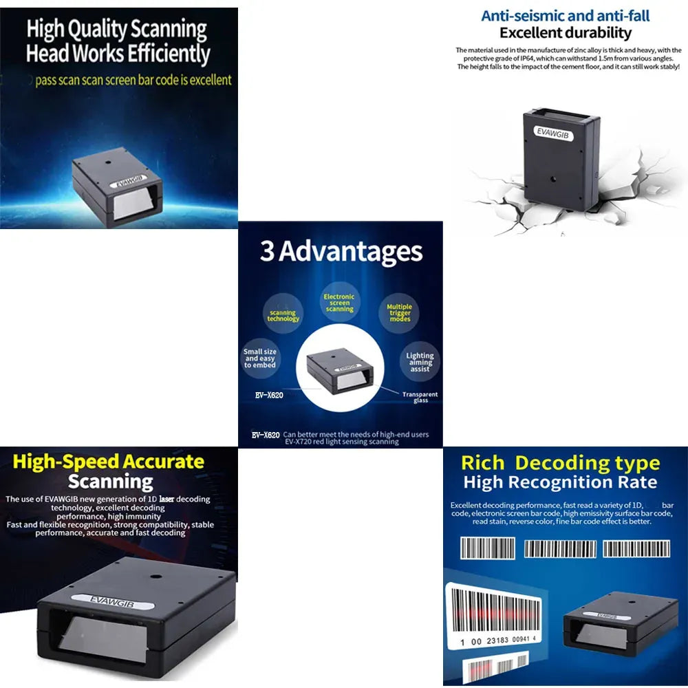 Fixed barcode scanner device showing durability, compact 1D laser design
