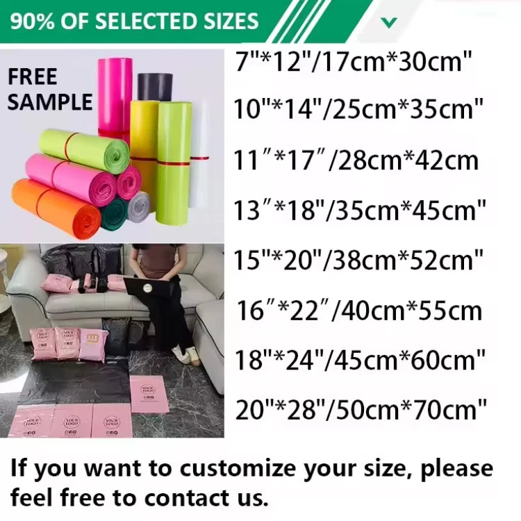 Poly mailer size guide panel with measurements and colorful sample rolls