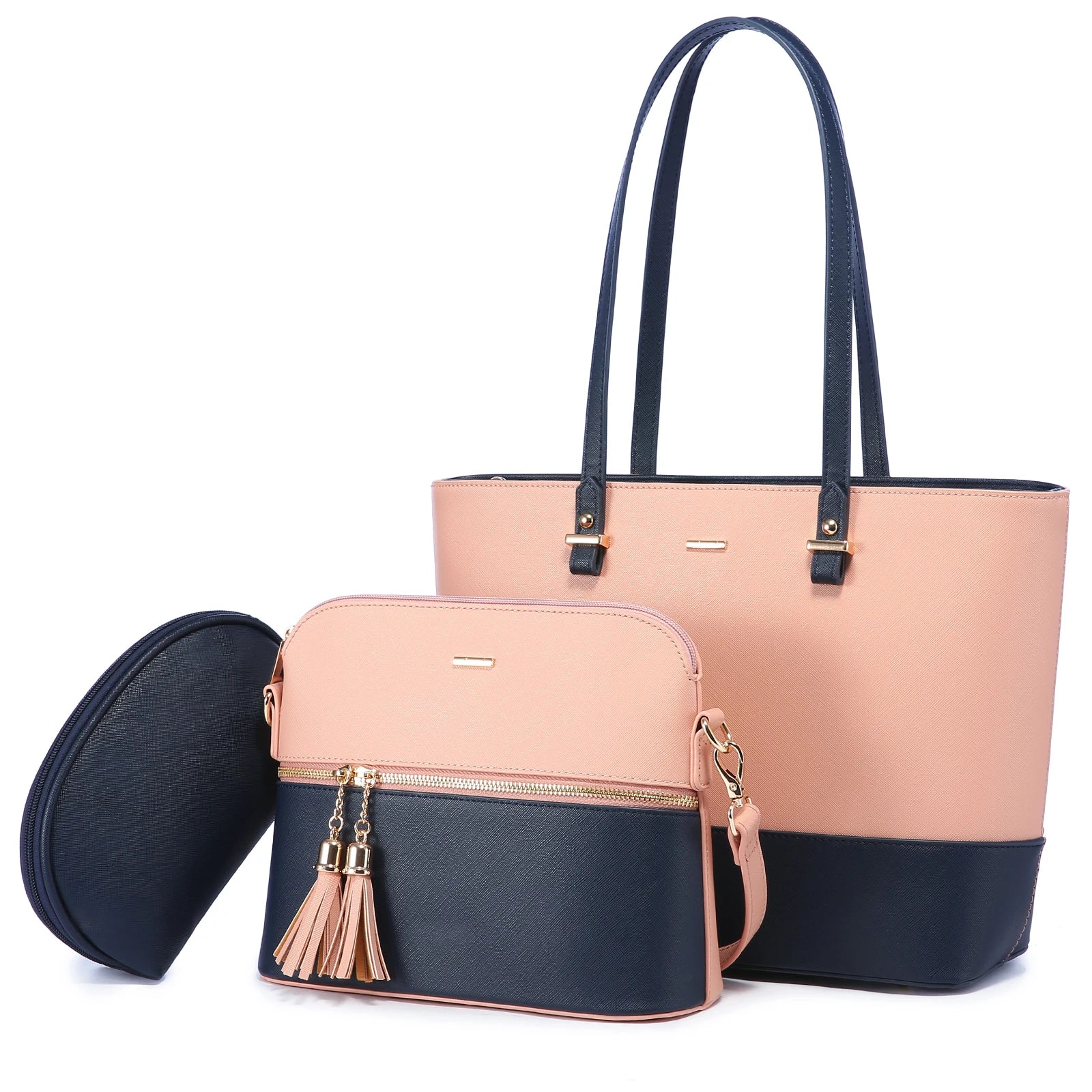 3-piece designer handbag set in navy and blush pink PU leather featuring a tote, crossbody, and pouch with tassels.