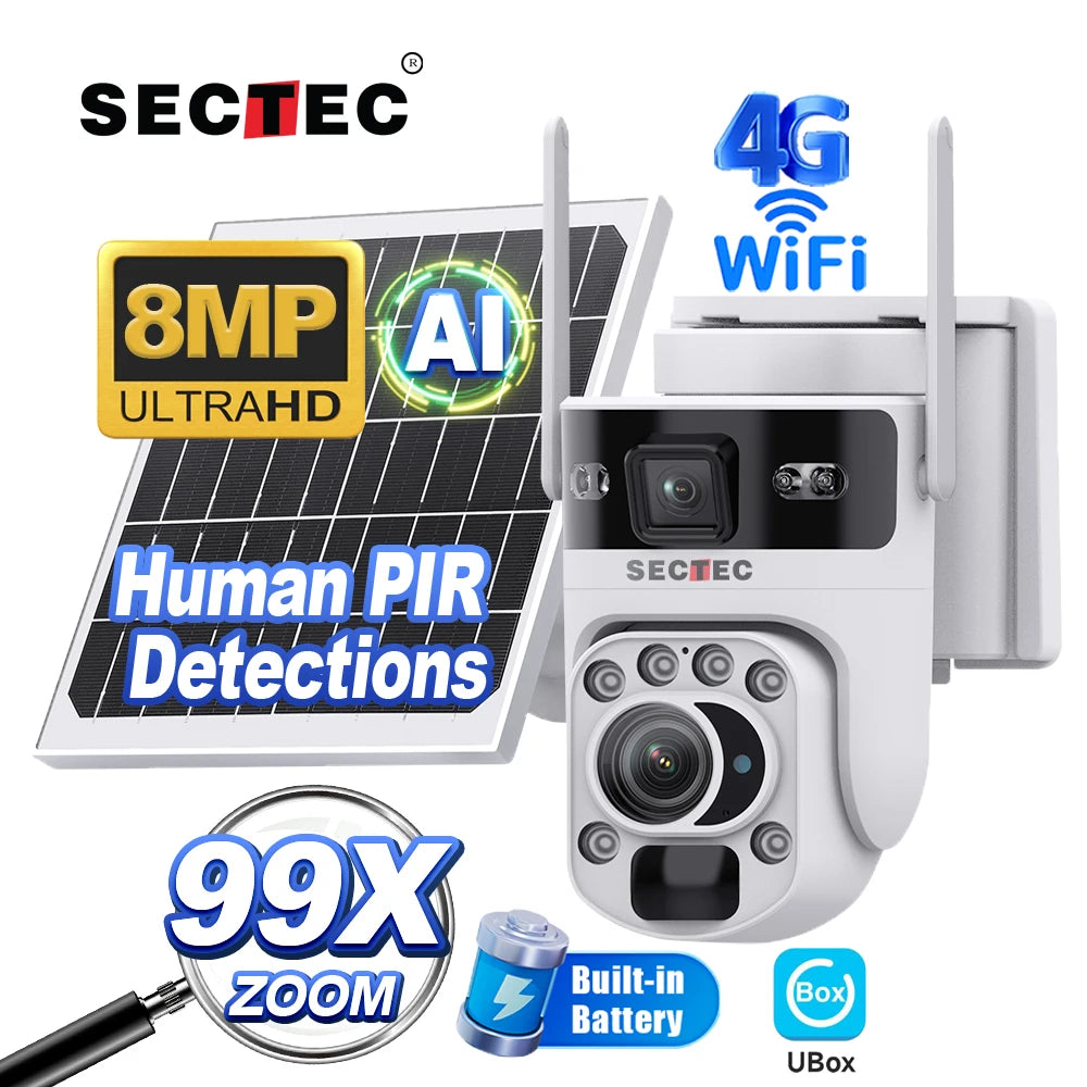 Sectec 8MP 4G/Wifi Optical Zoom Solar Camera Dual Lens 4K 99X Zoom PIR Human Tracking Night Vision Color Security PTZ Camera 4 K Tidesmit