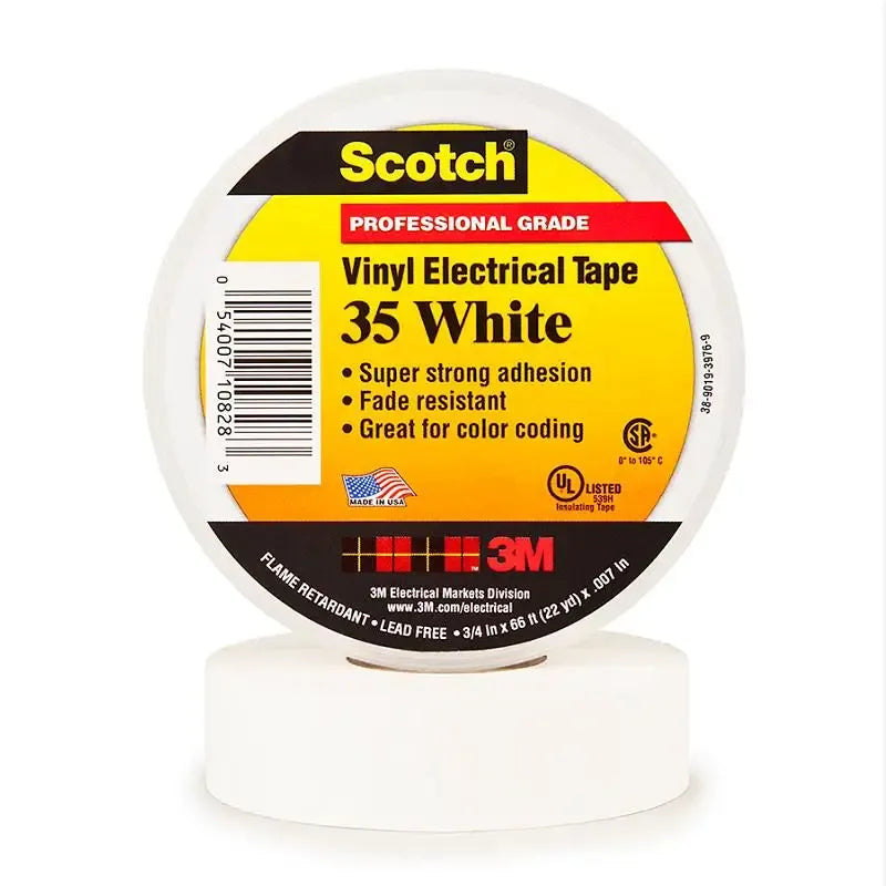 Vinyl electrical tape roll in white, PVC insulation, pressure-sensitive, 19 mm width