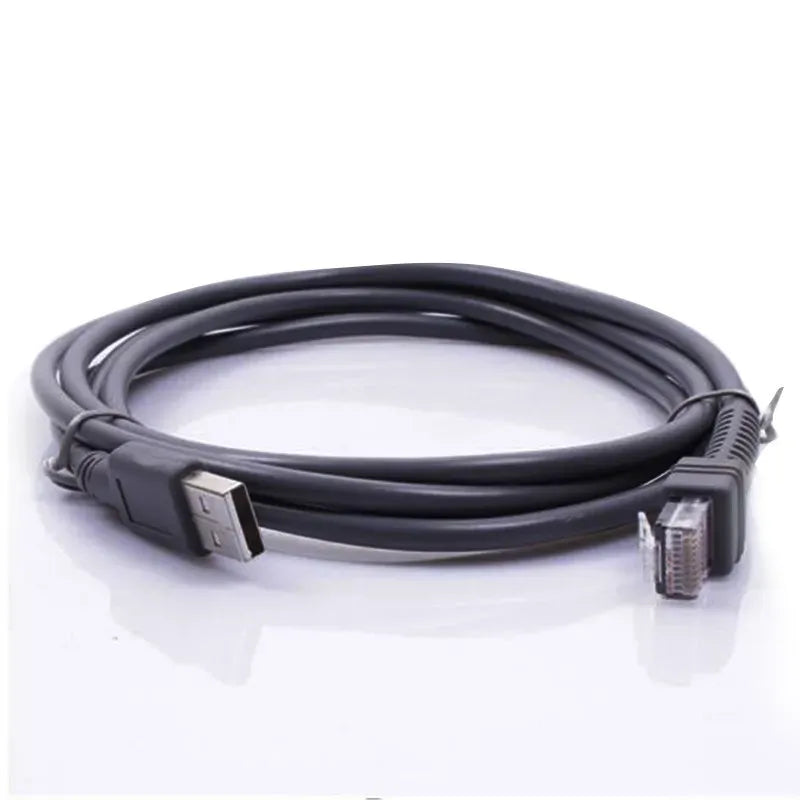 Coiled barcode scanner USB cable with USB-A to RJ45 connectors, dark gray