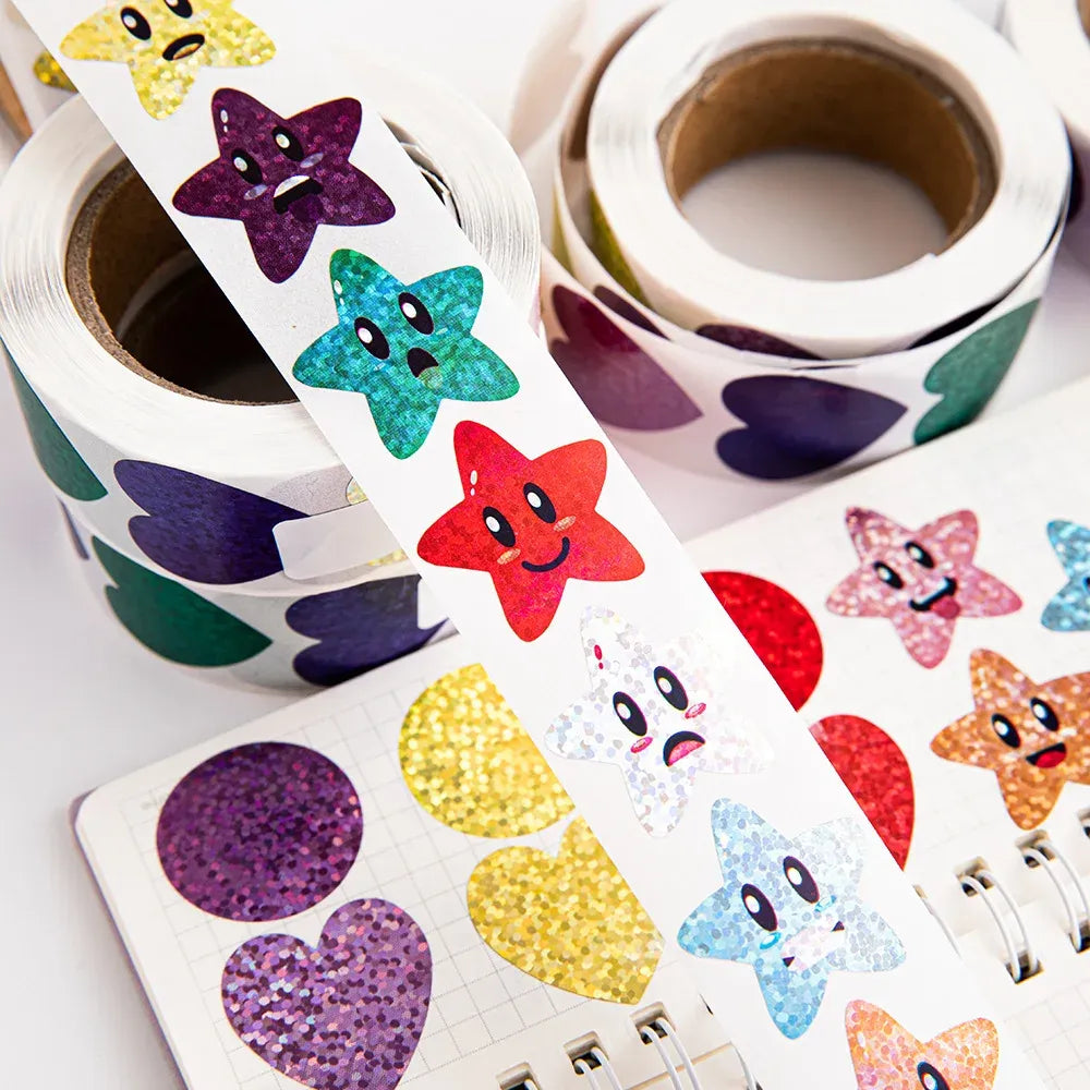 Holographic glitter cat-face and bow-tie sticker roll with colorful shapes