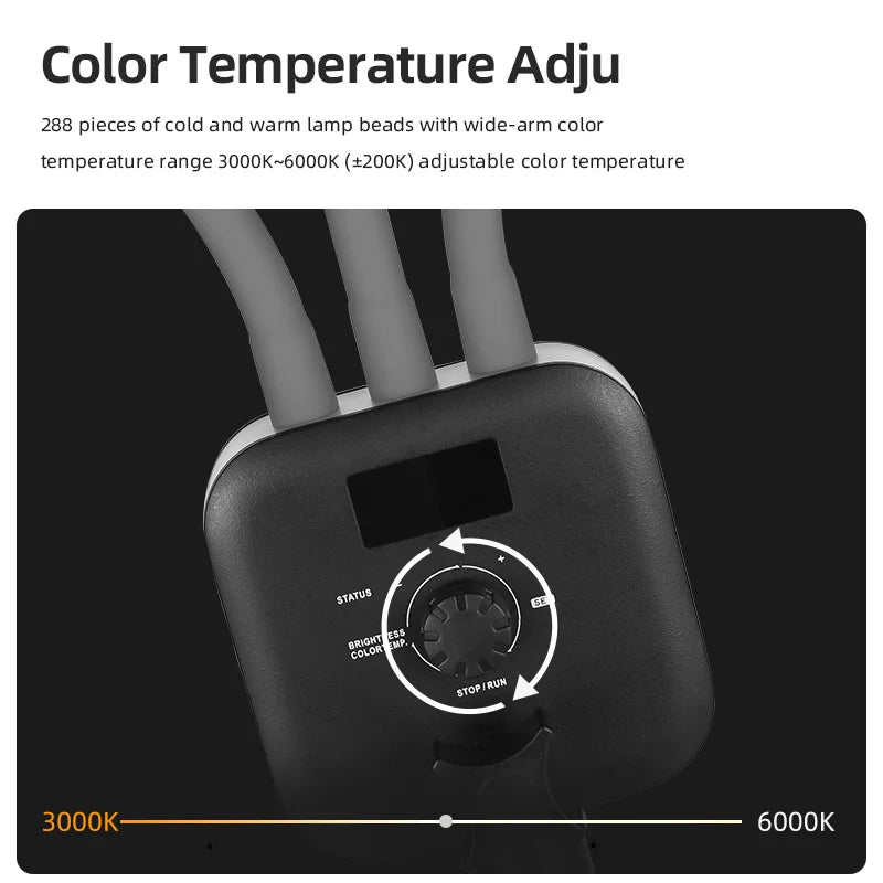 Black lighting control console with central adjustment dial and display for setting color temperature and brightness.