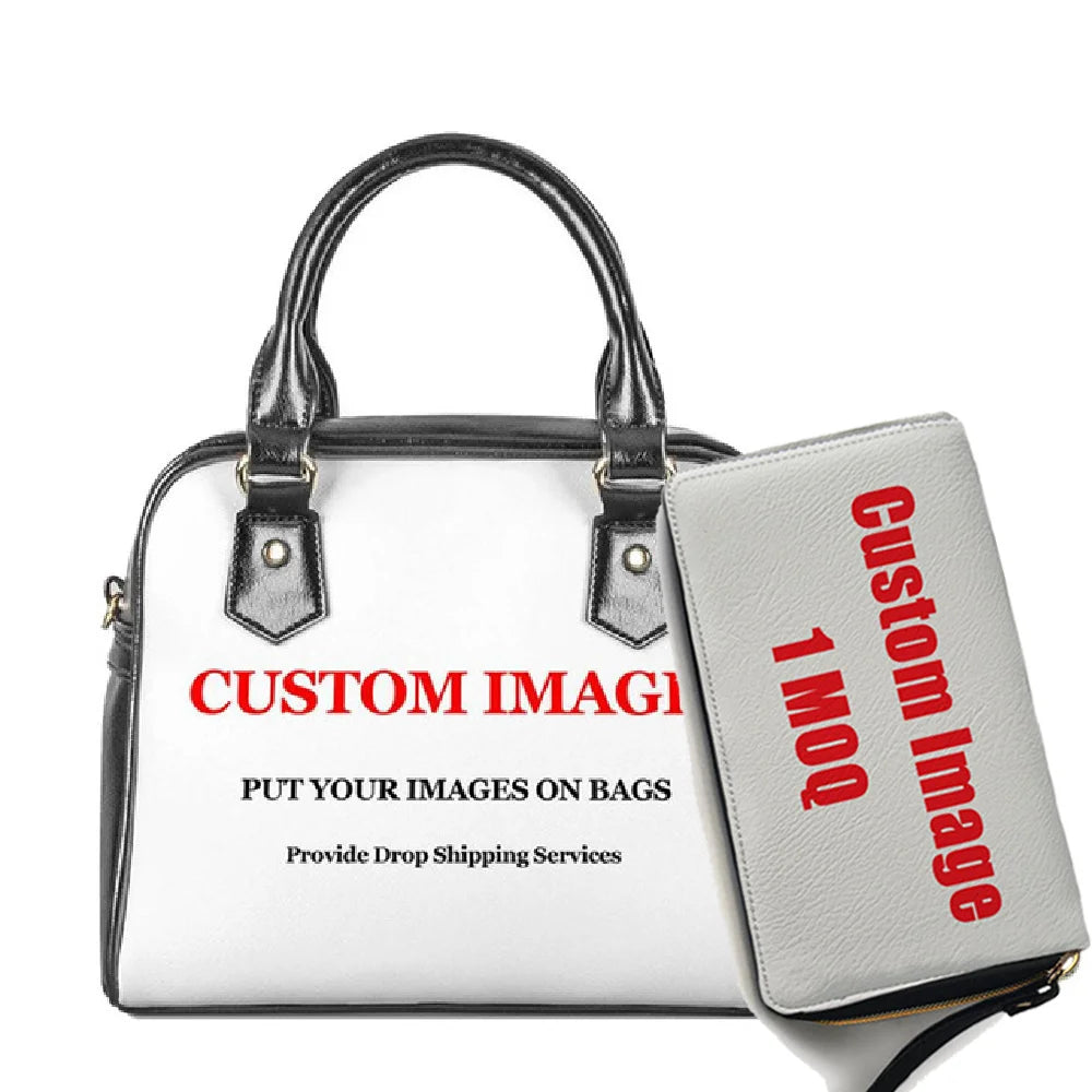 Custom 2-piece lady's handbag and wallet set with black leather trim and white printable surface for custom designs.