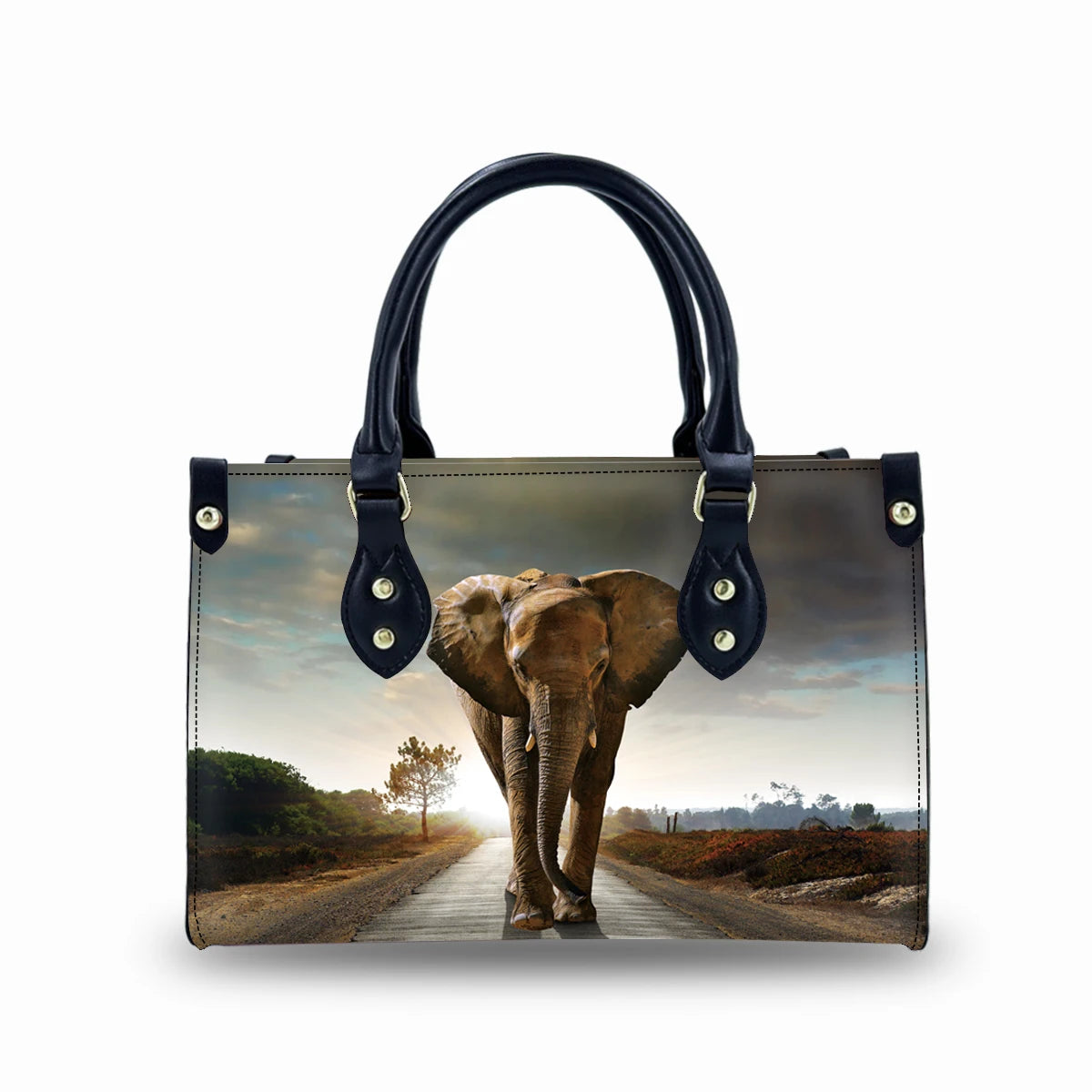 Genuine leather handbag with black handles and elephant trunk landscape print, featuring a structured bucket trunk style.