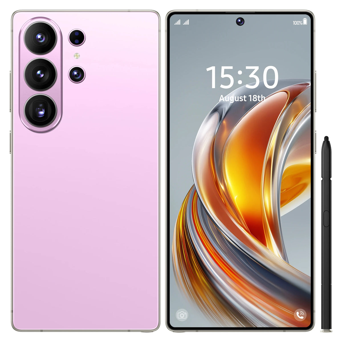 Pink smartphone with quad rear cameras and stylus, front display with time