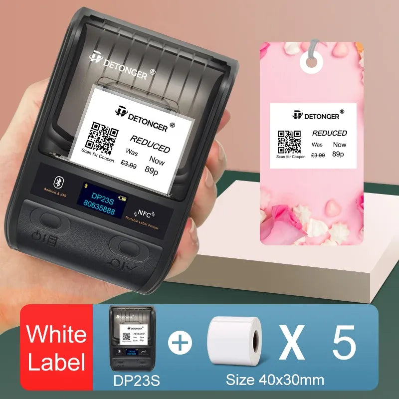 DETONGER DP23S label printer holding a white printed clothing price tag