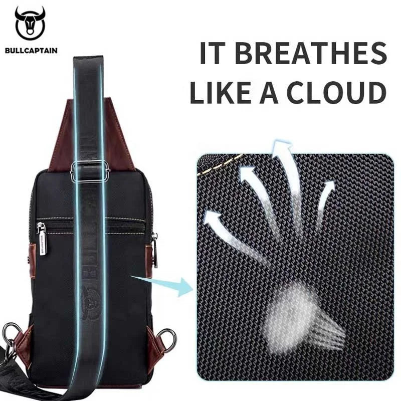 BULLCAPTAIN black leather and fabric men's chest bag with breathable mesh back, crossbody strap, and zipper pockets.