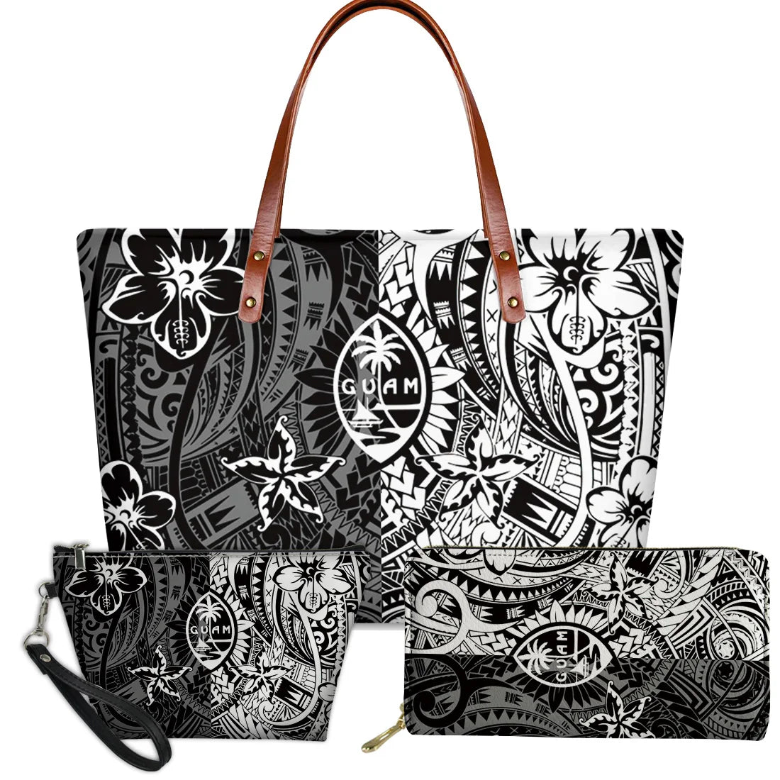 3pc black-and-white Polynesian tribal handbag set featuring Guam seal, floral patterns, and brown leather-style straps.