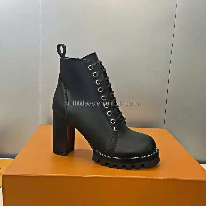 Original Sole Genuine Leather Patent Monogram Platform 3.1 Inch High Heel Calfskin Women Leather Laces Star Trail Ankle Boot