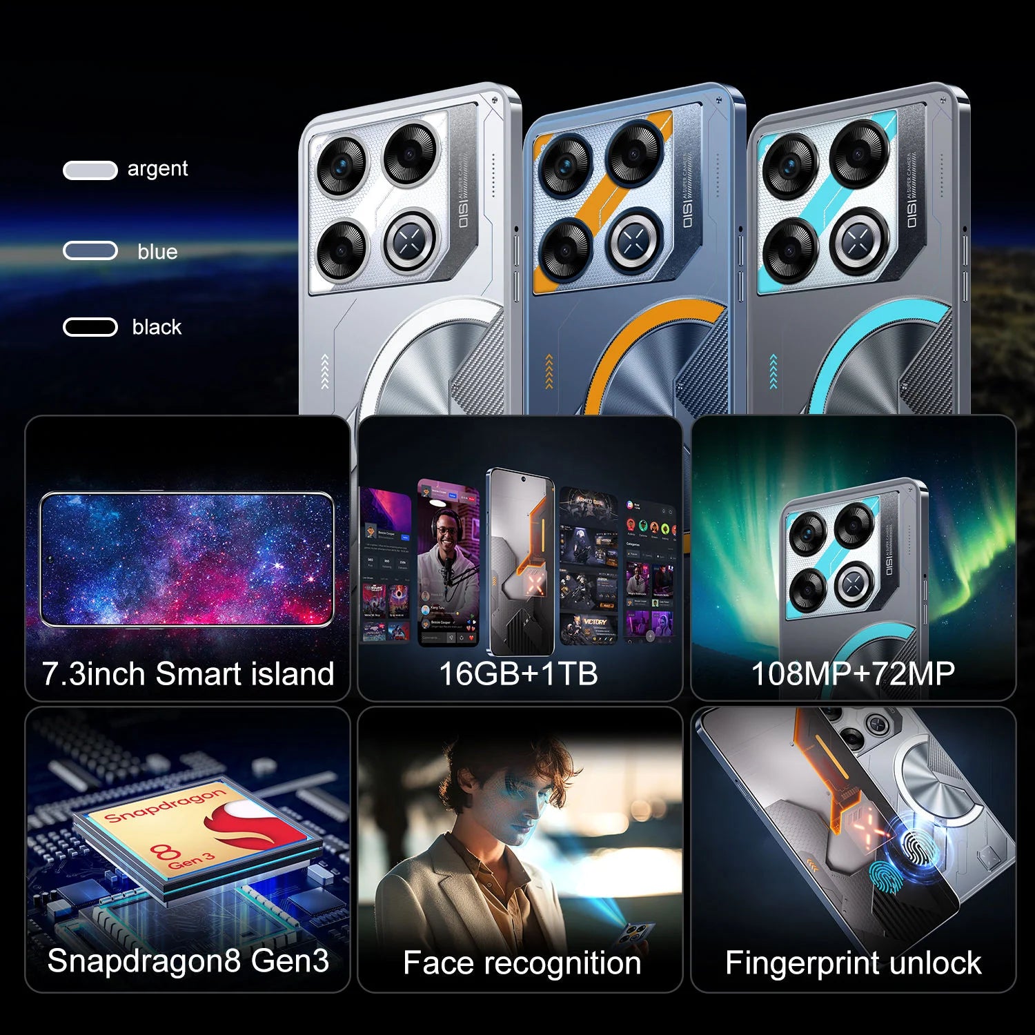 Slim 2025 Gt20 Pro smartphone featuring 7.3-inch display, 16GB RAM, 1TB storage, and 108MP dual camera.