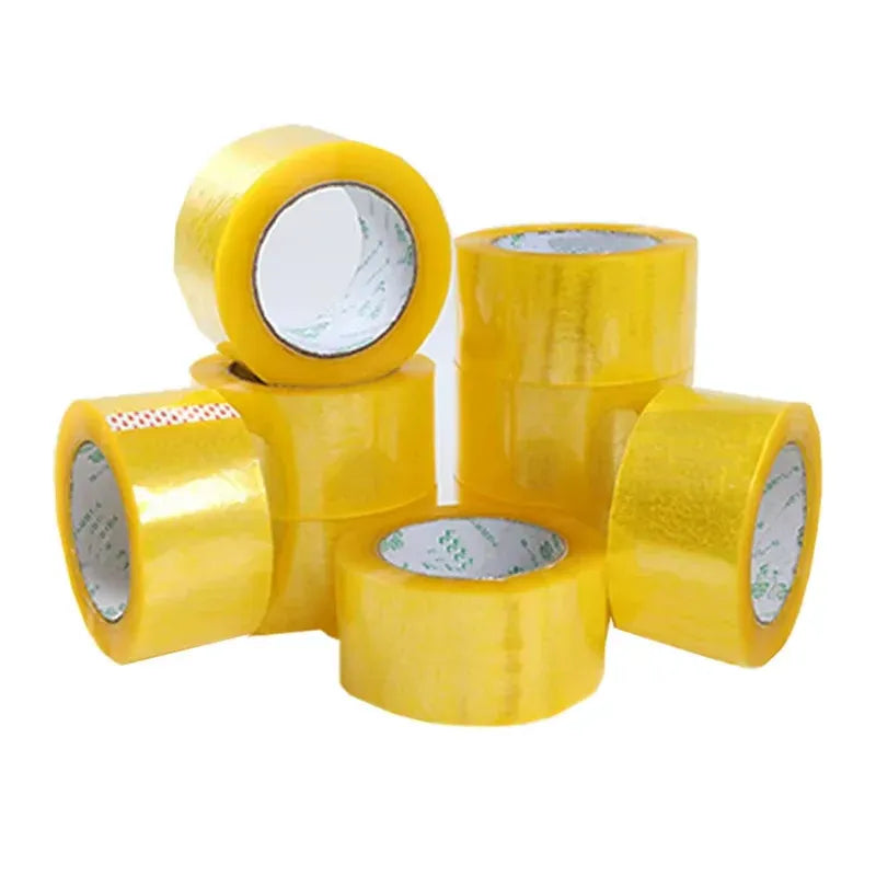 Assorted yellow tape rolls arranged together, showing clear inner cores