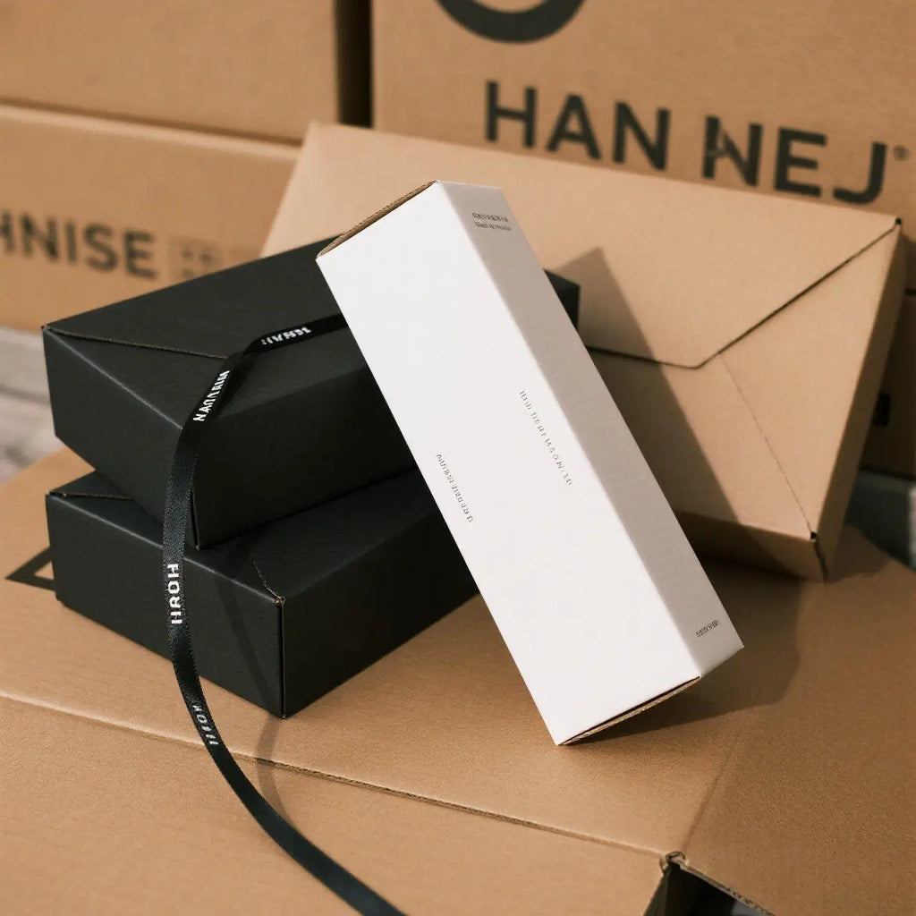 Shipping box mailer carton with black box and white label strip on kraft cardboard