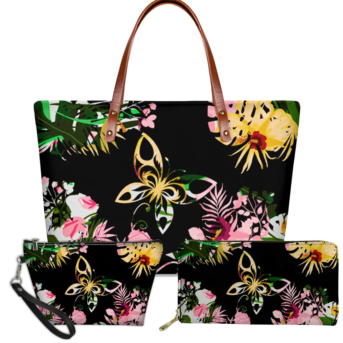 3pc set of black Polynesian tribal butterfly and floral print handbags with brown leather handles and matching purses.