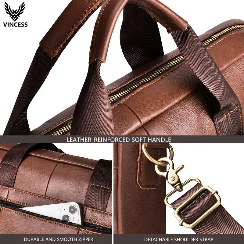 VINCESS Genuine Leather Zipper Closure Business Briefcase Office Executive Lawyer Handbag Men Bag Laptop Computer Crossbody Bag
