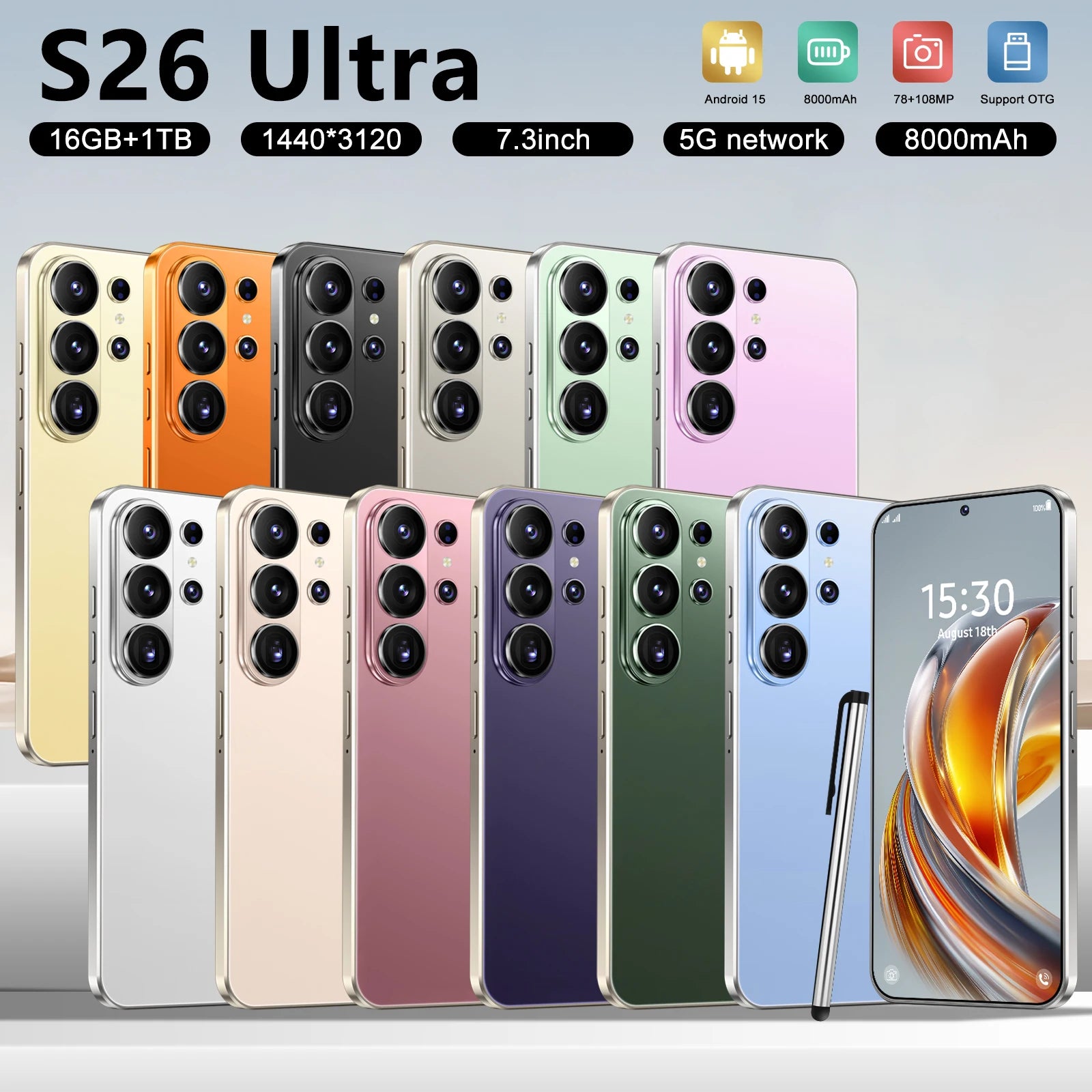 Original S26 5G smartphone with 7.3 inch HD screen, 16GB RAM, 1TB storage and 8000mAh battery