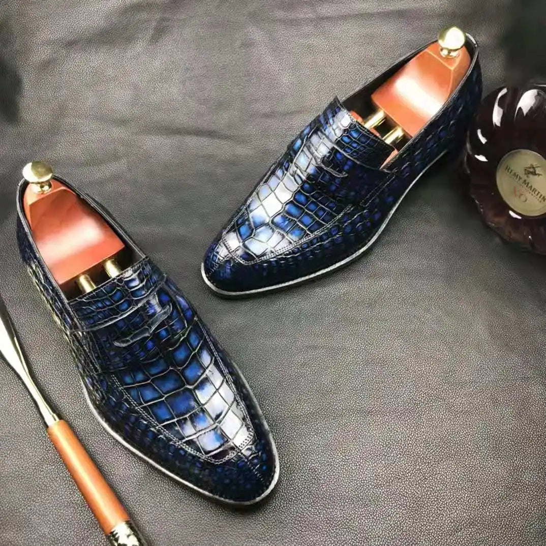 Goodyear Welted Trendy Crocodile Leather Shoes for Men Slip-on Loafers Business Career Occasion Footwear Men's Dress Shoes