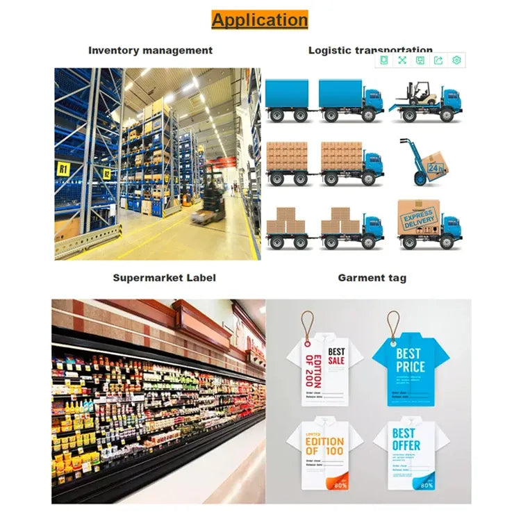 Thermal transfer ribbon application examples with logistics icons and retail price tags