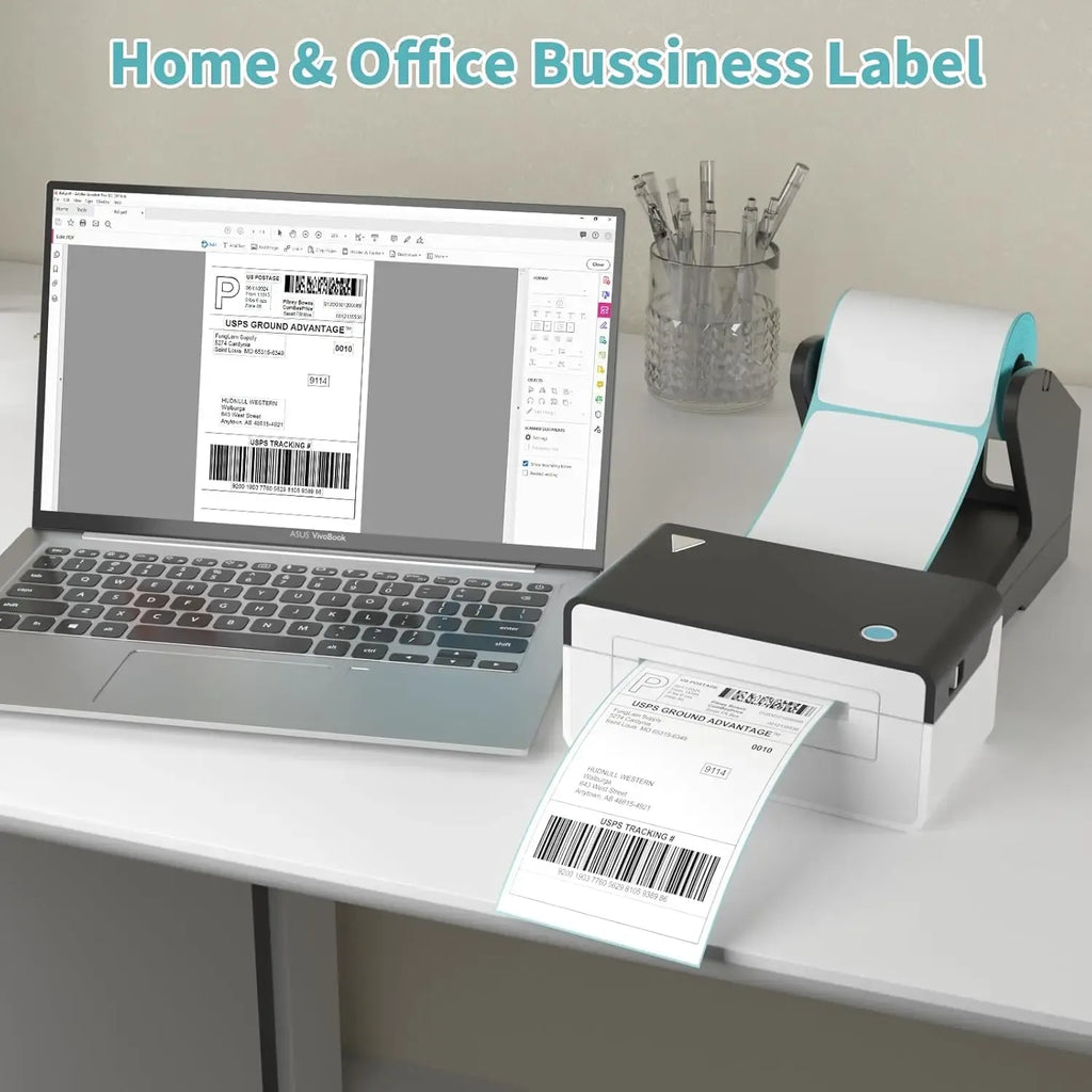 White direct thermal labels feeding from a roll into a label printer