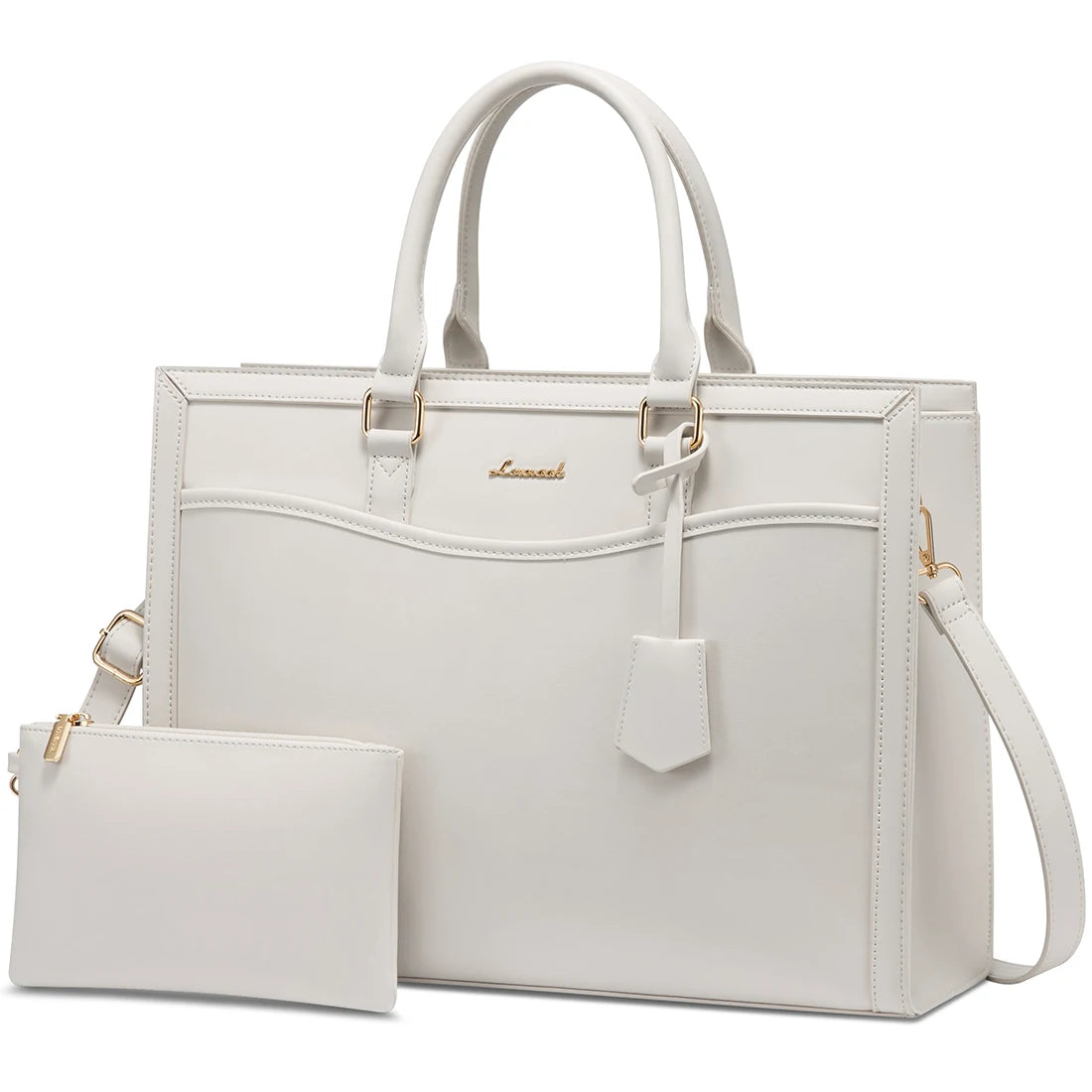 LOVEVOOK white leather laptop tote bag for women with gold hardware, top handles, shoulder strap, and matching pouch.