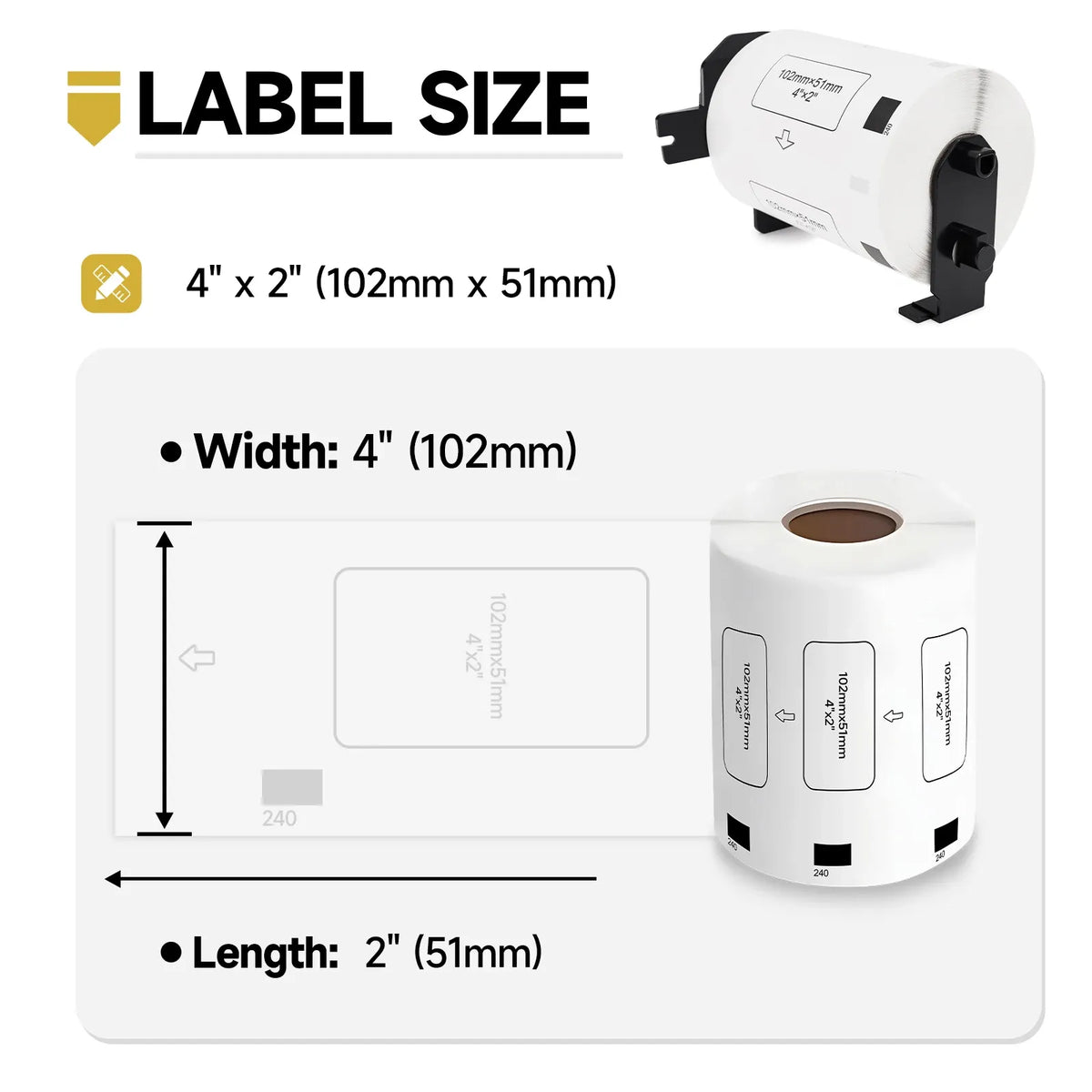 Thermal label roll showing 4 in x 2 in (102mm x 51mm) size diagram