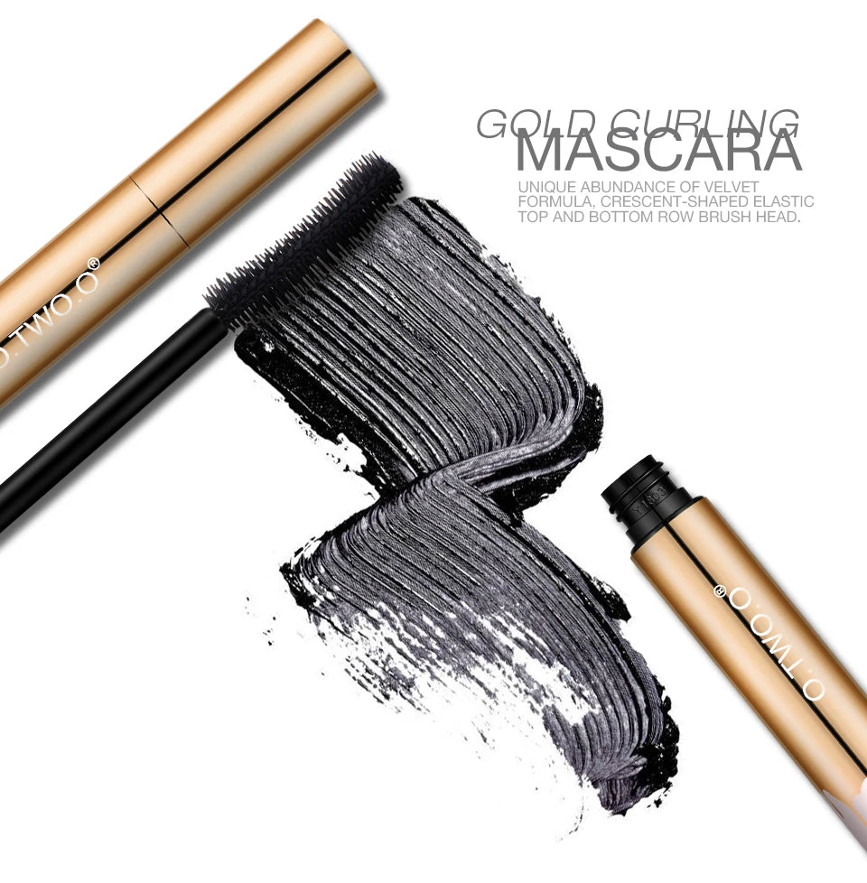 O.TWO.O gold 3D lengthening mascara with velvet black formula swatch and crescent-shaped brush for long-wear lashes.