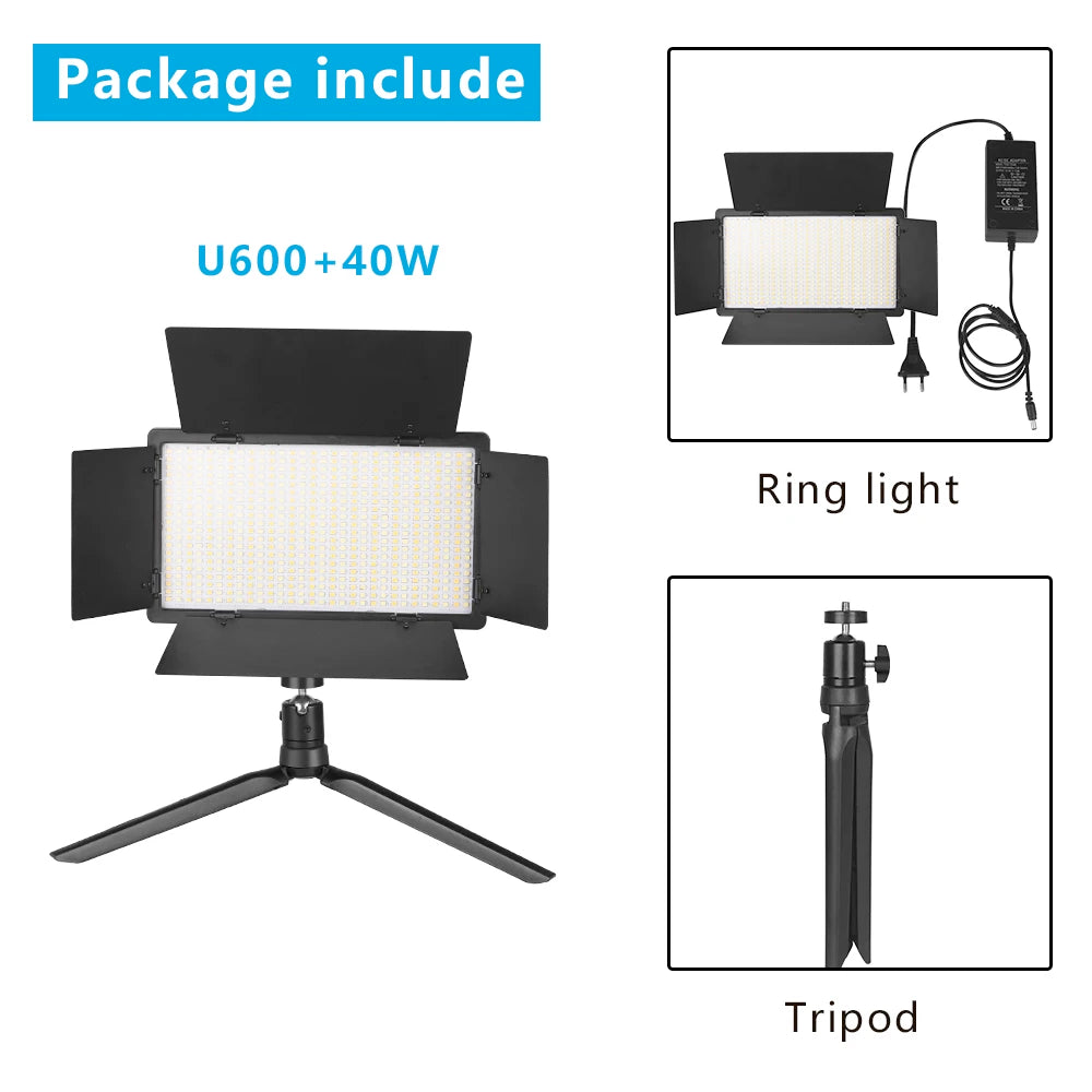 Rectangular U600 LED video light panel with black barn doors, power adapter, and folding tripod stand for photography.