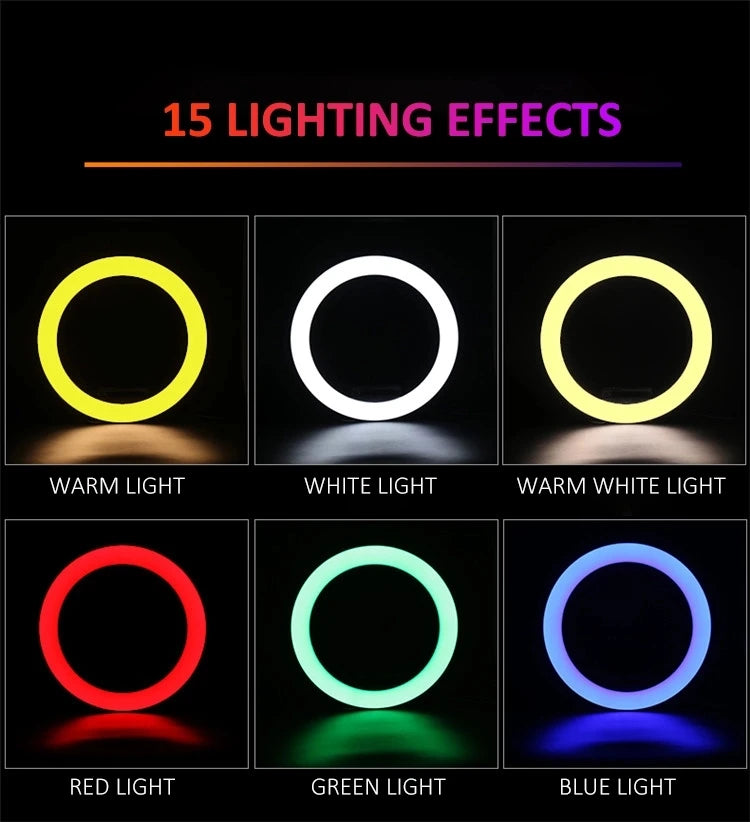 3000K-6000K 13 Inch RGB Ring Light Photography Lighting 15 Colors 33cm Color Fill Light with Mobile Phone Clip Tidesmit
