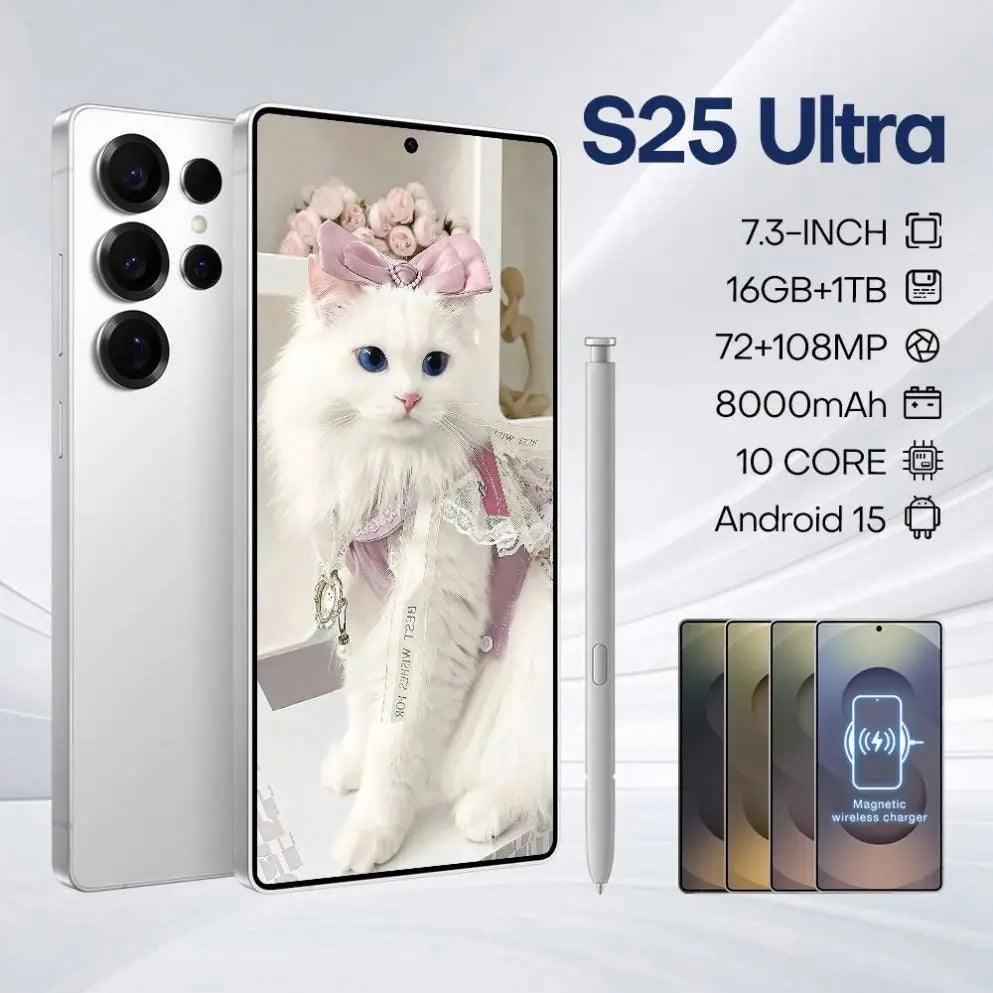 Tidesmit S25 Ultra 5G smartphone with 7.3-inch screen, 16GB RAM, 1TB storage, and integrated stylus in titanium.